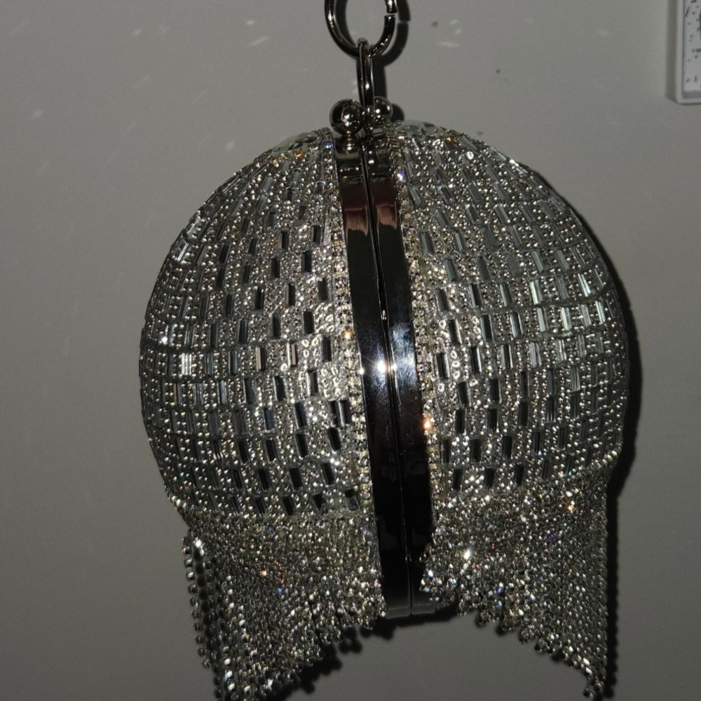 NWT Natasha Couture Silver Glass Crystal Orb Clutch - Picture 3 of 8